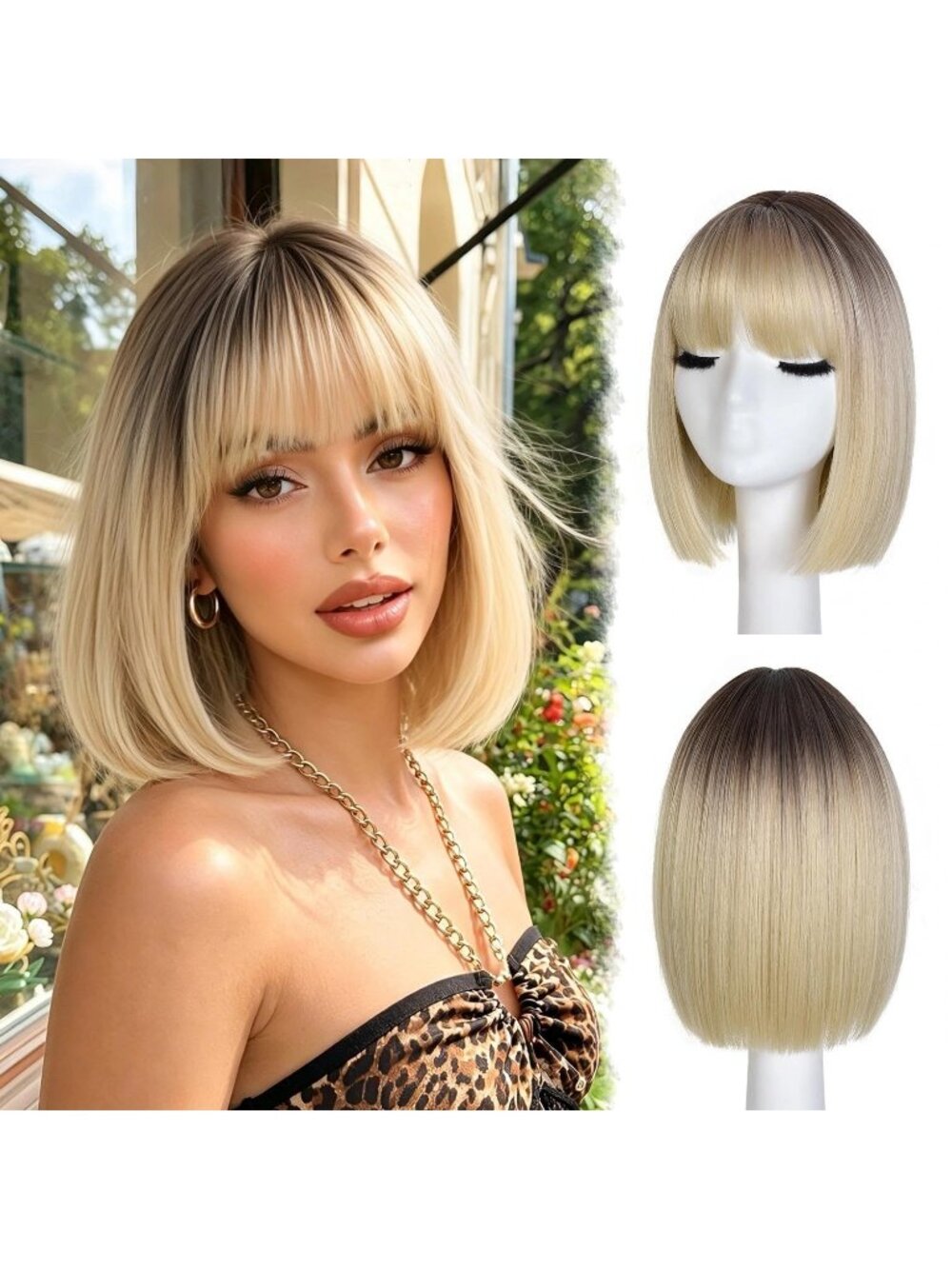 12inch Women's Ombre Blonde Straight Bob Wig Synthetic Natural Looking With Bang
